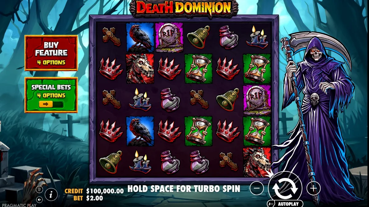 Ang Grim Reaper sa loob ng madilim na graveyard setting ng Death Dominion slot.