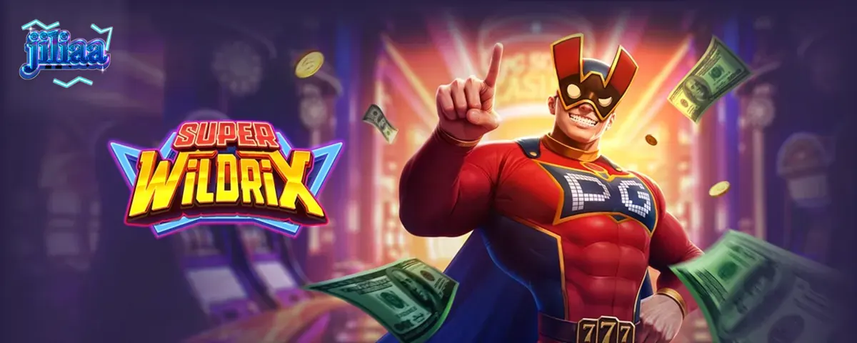 Isang makulay na superhero-themed slot machine na may neon lights at fruit symbols.